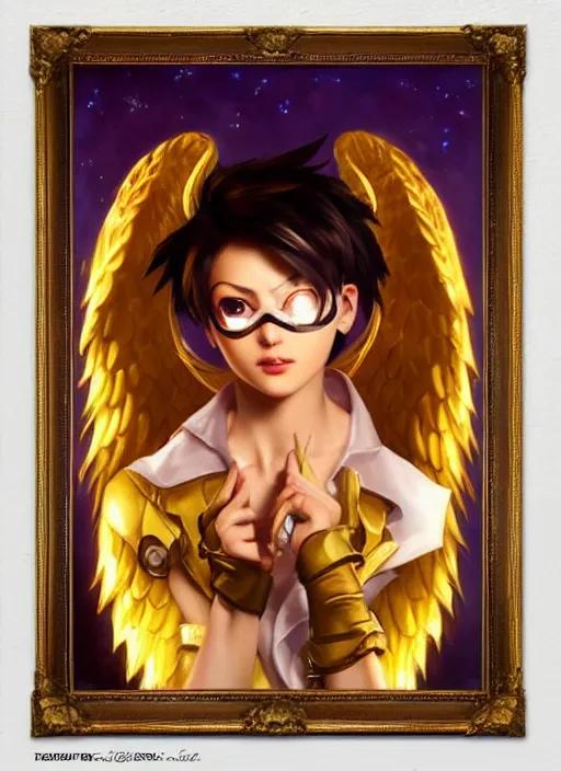 Image similar to full body oil painting of tracer overwatch in the style of delphin enjolras, angel wings, angelic golden armor, dramatic painting, symmetrical composition, ornate, high detail, gold detailed collar!!!!!, blooming, lights, flowers, detailed face,