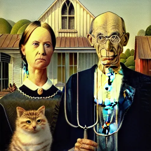 Image similar to portrait painting of cat and quokka in the style of american gothic