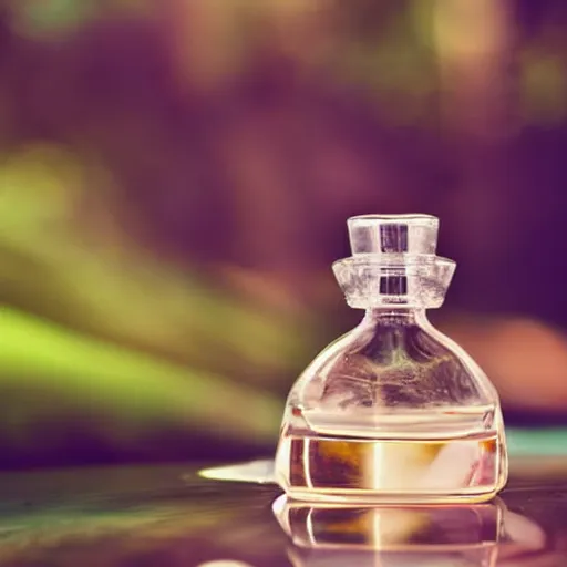 Image similar to perfume bottle sitting on a small clear tropical waterfall, close up shot, upfront, surrounded by tropical leaves, blurred tropical background, softly - lit, soft - warm, zen, light, modern minimalist f 2 0 clean
