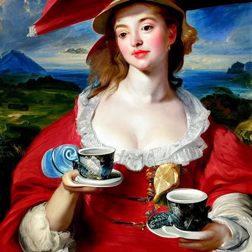 Image similar to heavenly summer sharp land sphere scallop well dressed lady holding a starbucks coffee cup, auslese, by peter paul rubens and eugene delacroix and karol bak, hyperrealism, digital illustration, fauvist,