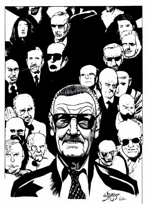 Prompt: stan lee, high contrast, standing, portrait, facing forward, face in focus, art by Frank Miller