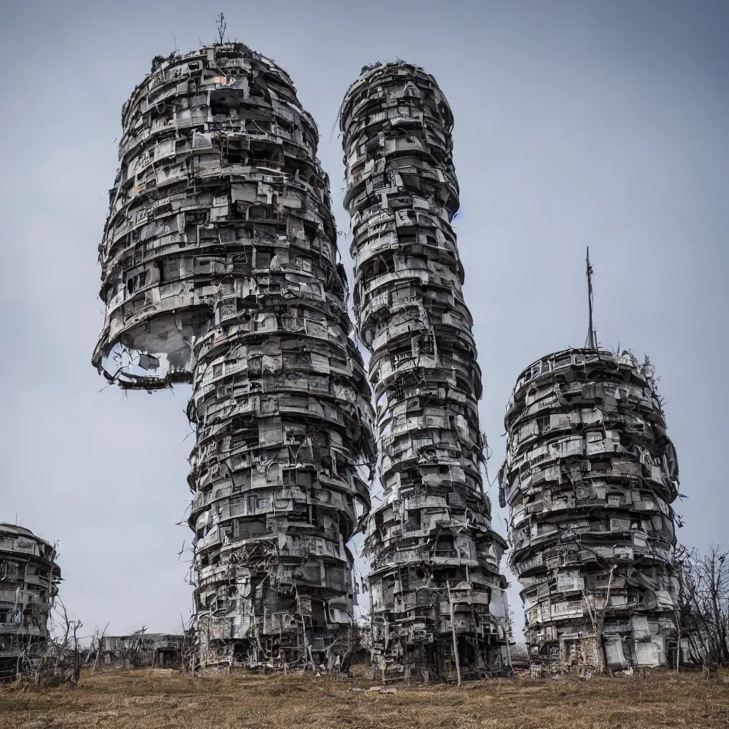 Image similar to a circular tower, made up of makeshift squatter shacks, dystopia, sony a 7 r 3, f 1 1, fully frontal view, photographed by jeanette hagglund