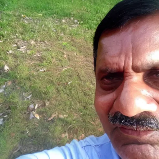 Image similar to my indian dad accidentally taking a selfie with the front camera, squinting because the camera flash is so bright in his face