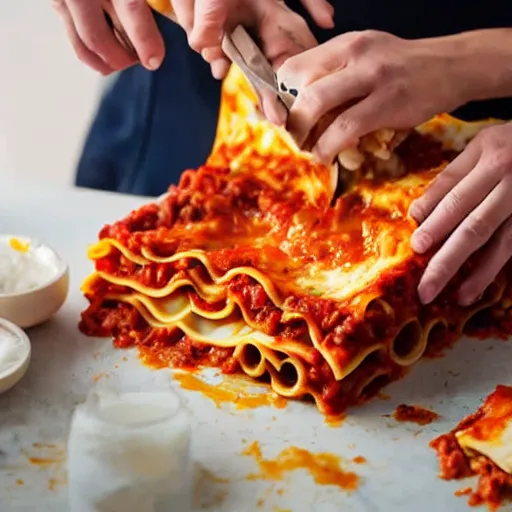 Prompt: woman cutting a lasagna in pieces