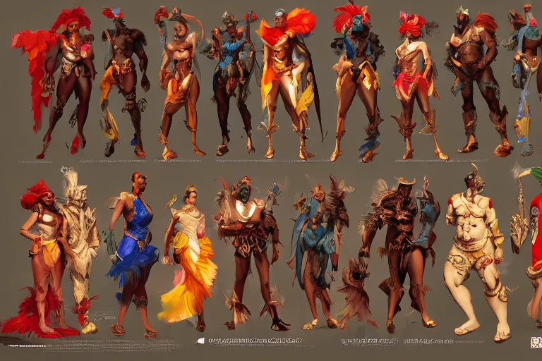 Prompt: Character design sheet of Brazil Carnival characters, normal peaple with costumes, cinematic lighting, dramatic atmosphere, by Craig Mullins, 4k resolution, trending on artstation