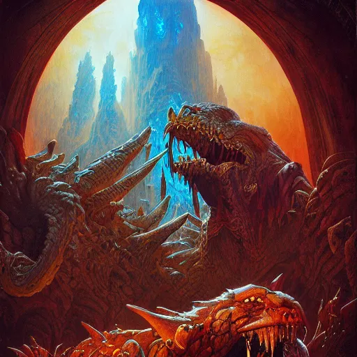 Prompt: cinematic portrait of dungeons and dragons-style MONSTER, Tim Hildebrandt, Wayne Barlowe, Bruce Pennington, donato giancola, larry elmore, oil on canvas, masterpiece, trending on artstation, featured on pixiv, cinematic composition, dramatic pose, beautiful lighting, sharp, details, hyper-detailed