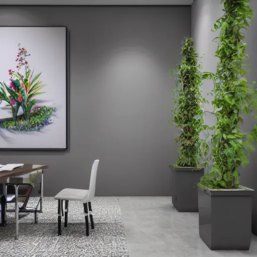 Image similar to : modern art studio with absract painting on the wall plants in the room exotic architecture cg society high definition 8k hyper-realistic