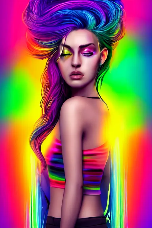 Image similar to a award winning half body portrait of a beautiful woman with stunning eyes in a croptop and cargo pants with rainbow colored ombre hairstyle head in motion and hair flying by thomas danthony, surrounded by whirling illuminated neon lines, outrun, vaporware, shaded flat illustration, digital art, trending on artstation, highly detailed, fine detail, intricate