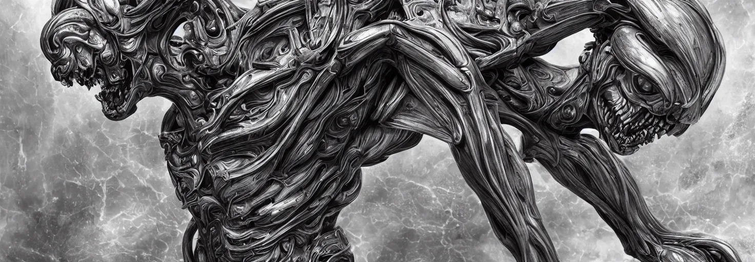 Prompt: engineer prometheus face by Artgerm, xenomorph alien, highly detailed, symmetrical long head, blood color, smooth marble surfaces, detailed ink illustration, raiden metal gear, cinematic smooth stone, deep aesthetic, concept art, post process, 4k, carved marble texture and silk cloth, latex skin, highly ornate intricate details, prometheus, evil, moody lighting, hr geiger, hayao miyazaki, indsutrial Steampunk