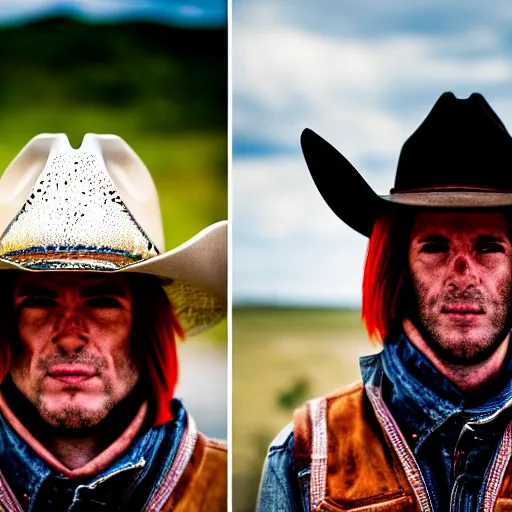 Image similar to alien cowboys, close-up portrait, Canon EOS R3, f/1.4, ISO 200, 1/160s, 8K, RAW, unedited, symmetrical balance, in-frame