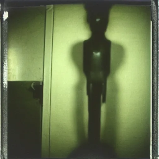 Image similar to a humanoid creature at the bottom of a dark stairwell, dark!, creepy, unsettling, uncanny valley!!!, old polaroid, expired film,