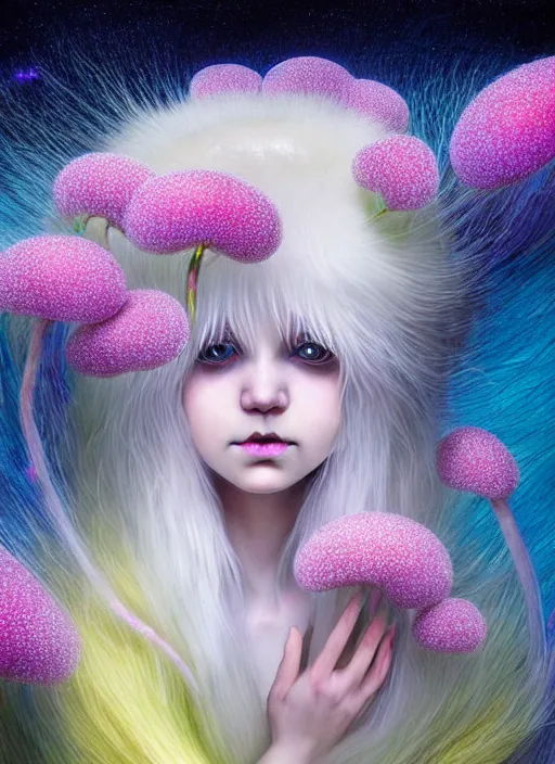 Image similar to hyper detailed 3d render like a Oil painting - kawaii portrait Aurora (white haired Singer Ferret) seen Eating of the Strangling network of yellowcake aerochrome and milky Fruit and Her delicate Hands hold of gossamer polyp blossoms bring iridescent fungal flowers whose spores black the foolish stars by Jacek Yerka, Mariusz Lewandowski, Houdini algorithmic generative render, Abstract brush strokes, Masterpiece, Edward Hopper and James Gilleard, Zdzislaw Beksinski, Mark Ryden, Wolfgang Lettl, hints of Yayoi Kasuma, octane render, 8k