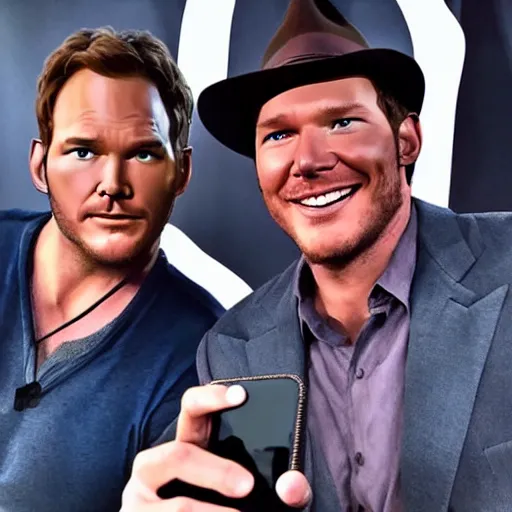 Image similar to chris pratt as indiana jones taking a selfie with harrison ford, instagram, cinematic, natural lighting, genuine smile