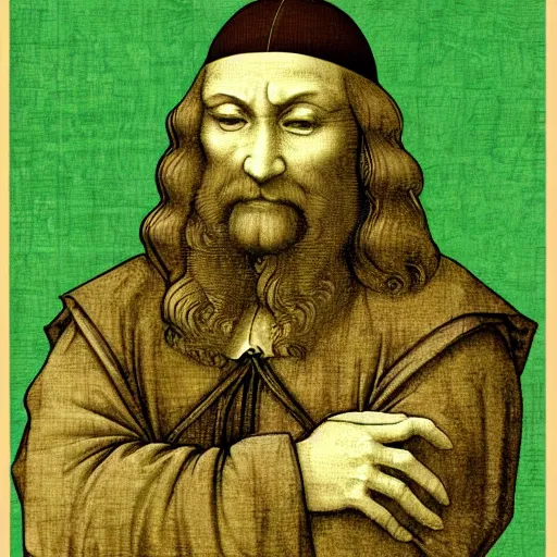 Image similar to portrait of leonardo da vinci in simple green background in the style of japanese cartoon and japanese wood print