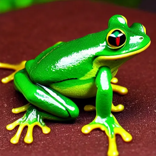 Image similar to Cute green frog with red eyes in magical rain-forest carved from crystal ,hyper-realistic