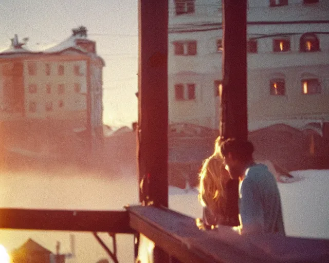 Image similar to lomo photo of pair standing on small hrushevka balcony full with cigarette smoke in small russian town looking at sunset, cinestill, bokeh