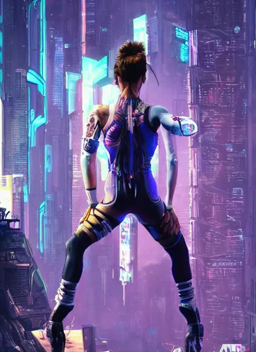 Image similar to maria. apex legends cyberpunk gymnast. concept art by james gurney and mœbius. gorgeous face, cinematic, dramatic lighting ( cyberpunk 2 0 7 7 ), clean aesthetic