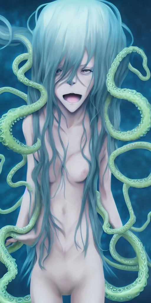 Prompt: a cute anime girl slowly transforming into a tentacle monster, matte oil painting, concept art, dnd, wholesome, horror, clear, crisp, sharp, long wavy hair, eldritch, award - winning, extremely detailed, 4 k, 8 k