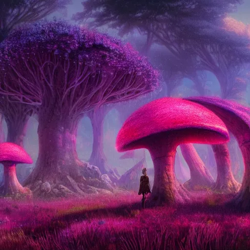 Image similar to concept art painting of a fantasy alien fungal landscape at night, magenta trees, glowing blue mushrooms, houses made of mushrooms, dark purple sky, realistic, detailed, cel shaded, in the style of makoto shinkai and greg rutkowski and albert bierstadt and james gurney