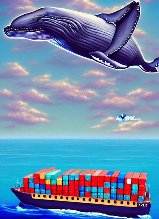 Prompt: a happy whale in front of a huge stack of containers at the port, intricate details, digital art by artgerm