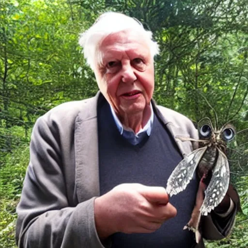 Prompt: Sir David Attenborough holding a small black Mothman with glowing red eyes