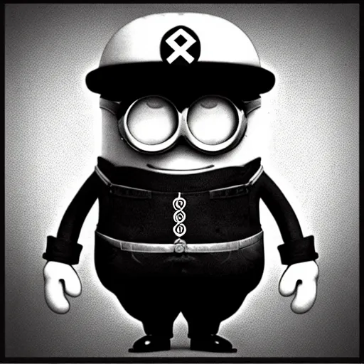 Prompt: doctor nefario from minions rise of gru as a nazi scientist military uniform no hat black and white photo despicable me cartoon style