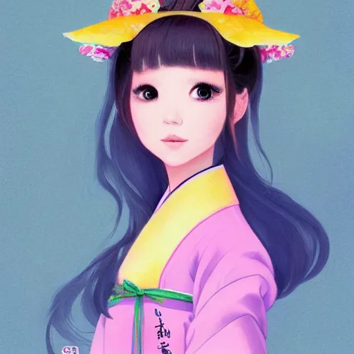 Image similar to pretty korean woman wearing beatiful hanbok, face by artgerm, bright pastel colors, studio ghibli painterly style, trending on artstation, tarot card