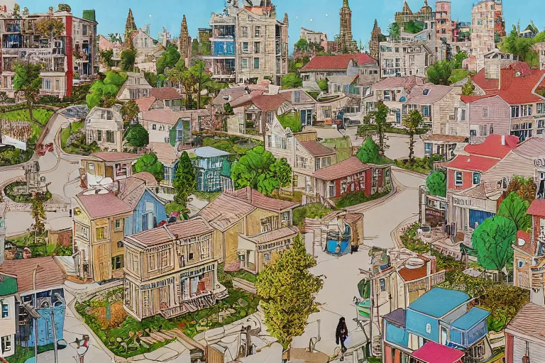 Image similar to an elaborate painting of a peaceful neighborhood, detailed, made of alcohol ink on parchment and penned illustrations, by wes anderson and geoff darrow