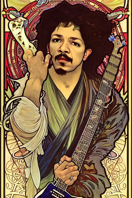 Image similar to realistic detailed face portrait of Carlos Santana playing guitar with snakes around and evolving from his body by Alphonse Mucha, Ayami Kojima, Amano, Art Nouveau, rich deep moody colors