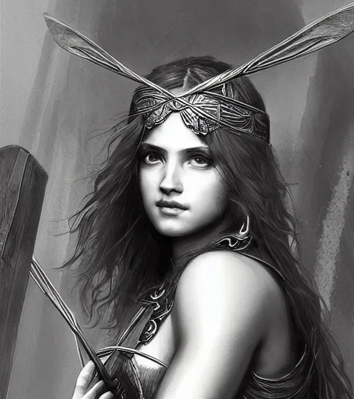 Image similar to beautiful young aphrodite goddess as an archer warrior, realistic face, beautiful eyes, black and white drawing, in the style of greg rutkowski, fantasy, amazing detail, epic, intricate, elegant, smooth, sharp focus