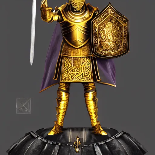 Image similar to a highly detailed knight with glowing purple eyes in a golden helmet and a golden crown with a diamond in the center, golden armor, leather clothes under the armor, leather gloves, holds a black sword, artstation, DeviantArt, professional, octane render, sunset lighting