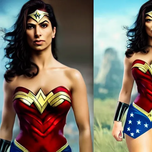 Image similar to hyperrealistic film full body still of mia khalifa as wonder woman, inspired by istvan sandorfi & greg rutkowski & unreal engine, perfect facial symmetry, dim volumetric cinematic lighting, 8 k octane comprehensive render, extremely hyper - detailed, incredibly lifelike attributes, intricate, real flesh texture, masterpiece, artstation, stunning,