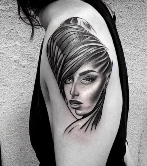 Image similar to tattoo design sketch of an extremely beautiful woman face with a faded background of stunning mountain view on her side, hyper - realistic, in the style of matteo pasqualin, amazing detail, black and white, faded