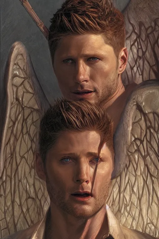 Prompt: a detailed matte portrait of an jensen ackles dressed as the vampire angel from buffy the vampire slayer, masterpiece, 8 k, art by donato giancola and greg rutkowski and wayne barlow and zdzisław beksinski