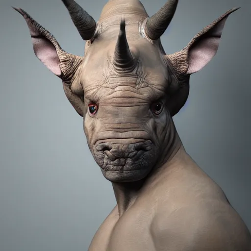 Image similar to hyperrealistic image of ace ventura disguised as rhino, stunning 3 d render, inspired by istvan sandorfi & greg rutkowski & unreal engine, perfect symmetry, dim volumetric cinematic lighting, 8 k octane comprehensive render, extremely hyper - detailed, incredibly lifelike attributes, intricate, real flesh texture, masterpiece, artstation, stunning,