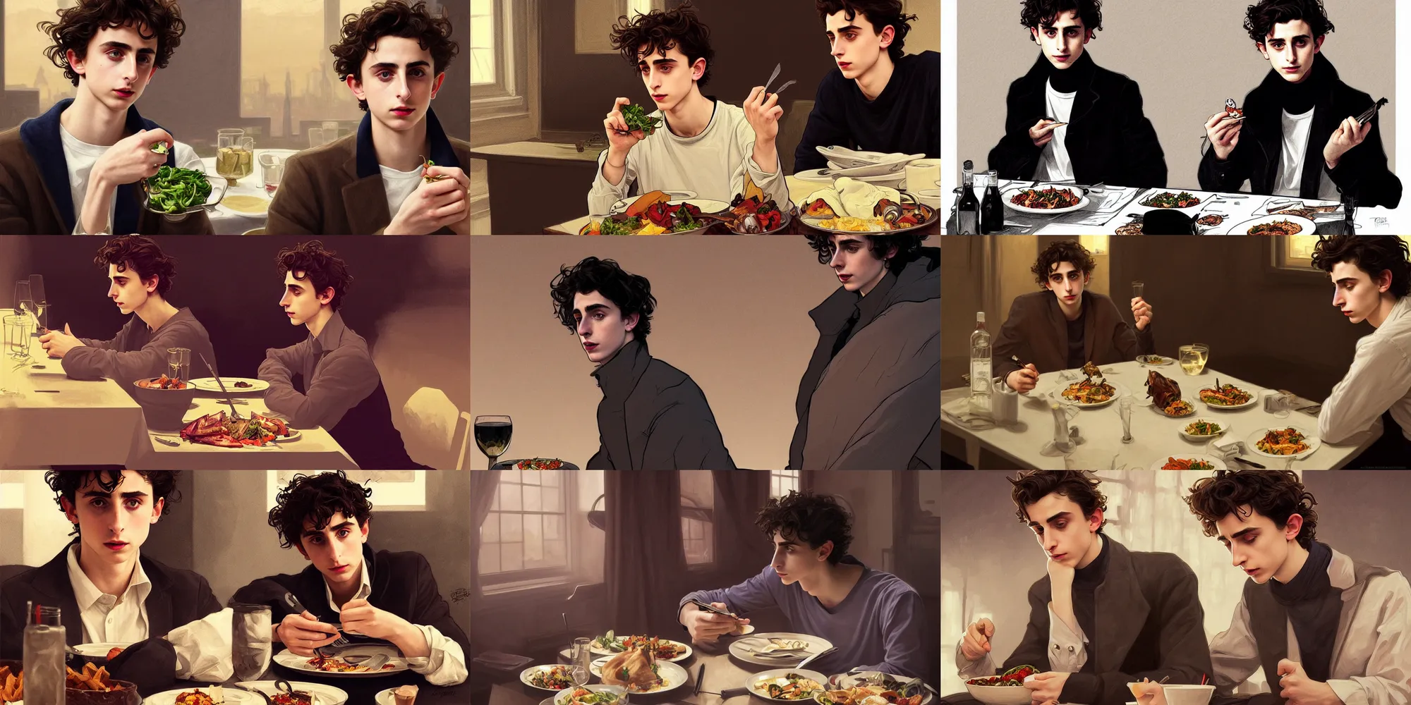 Prompt: timothee chalamet eating dinner, character sheet, character design, contrast, deep focus, turnaround, highly detailed, dramatic lighting, digital painting, artstation, concept art, matte, sharp focus, illustration, elegant, art by artgerm and greg f and alphonse mucha.