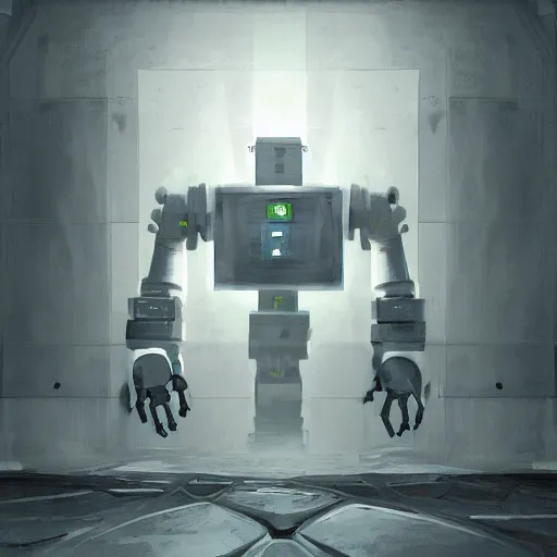 Prompt: huge robot in scary room, digital art, concept art