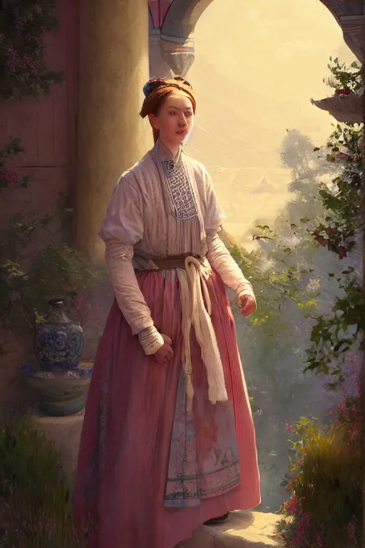 Image similar to portrait of a beautiful nordic woman, blue eyes, wearing a turkish traditional dress in istanbul on 1 9 0 0 s, extremely detailed digital painting, in the style of fenghua zhong and ruan jia and jeremy lipking and peter mohrbacher, mystical colors, rim light, beautiful lighting, 8 k, stunning scene, raytracing, octane, trending on artstation