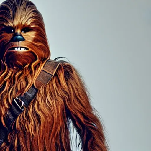 Image similar to chewbacca as a fashion model, instagram selfie, hidden product advertisement