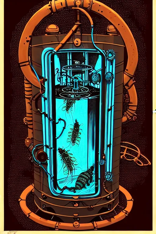 Image similar to steampunk cryo chamber containing an caterpillar, high details, intricately detailed, by vincent di fate, inking, 3 color screen print, masterpiece, trending on artstation,, sharp, details, hyper - detailed, hd, 4 k, 8 k