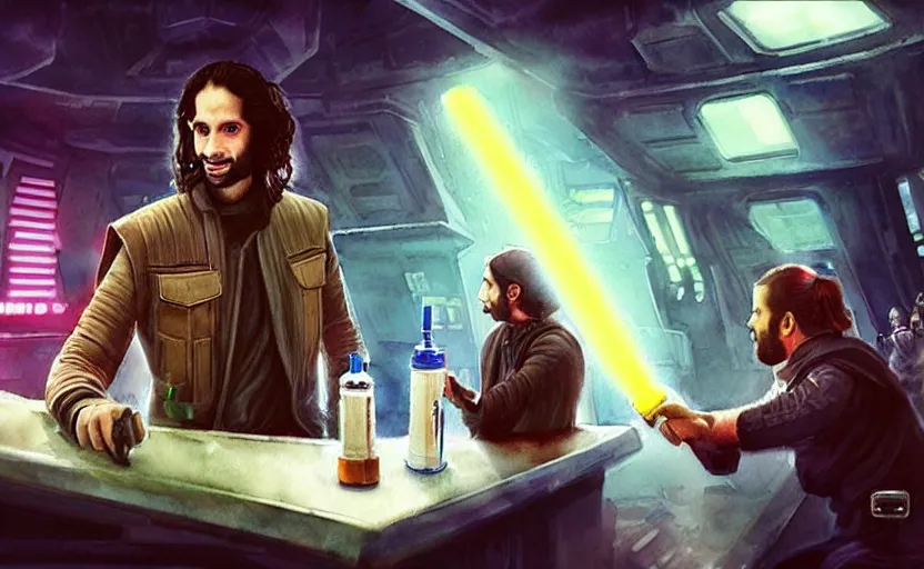 Image similar to a realistic star wars watercolor fantasy concept art of a drug dealer that looks like chris d'elia in a sleazy futuristic bar of coruscant, hq, 4 k