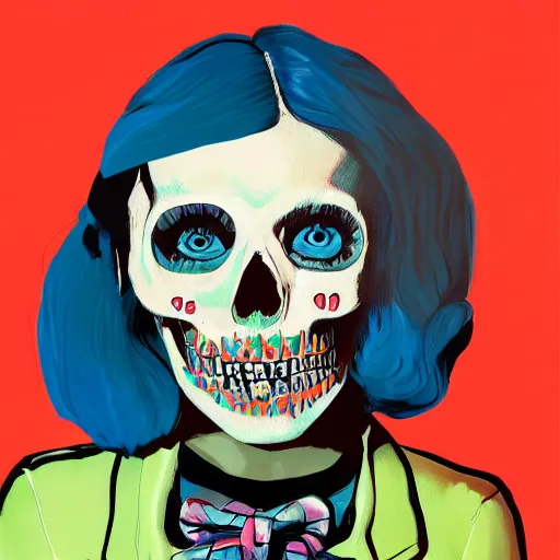 Prompt: a portrait of a girl skull face, aubrey plaza, in the style of banksy, van gogh, atey ghailan and steve mccurry, vibrant colors and hard shadows and strong rim light, lucien freud, comic cover art, trending on artstation