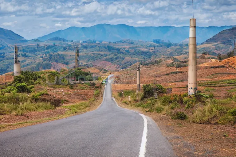 Prompt: looking down road of warehouses. hills background with radio tower on top. telephoto lens compression.