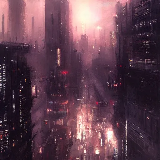 Prompt: beautiful cyberpunk cityscape, sun setting, volumetric clouds, painting by jeremy mann