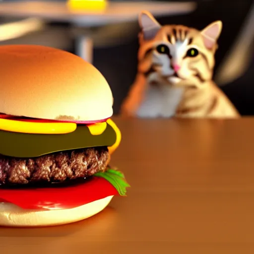 Image similar to a cat / burger hybrid, with fries, volumetric lighting, 4 k