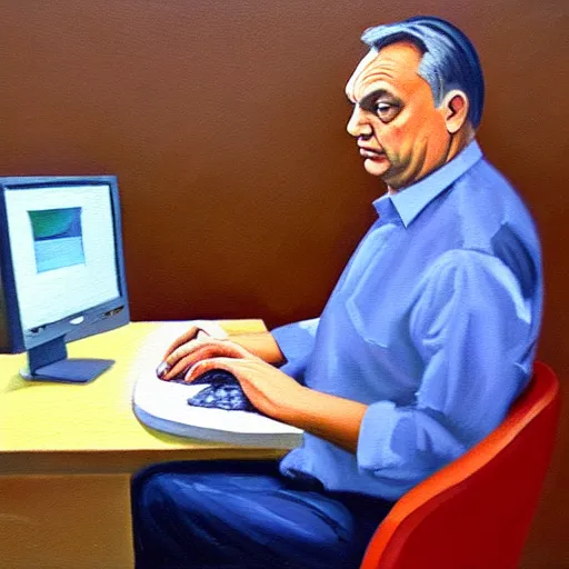 Prompt: viktor orban working with excel on a laptop in a cubicle, oil painting