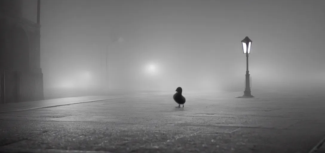 Image similar to a lonely duck under a street light, fog, still from a movie by bong joon - ho