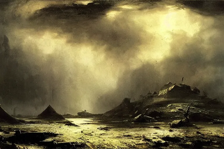 Prompt: awesome landscape rain by peder balke with an alien structure by hrgiger