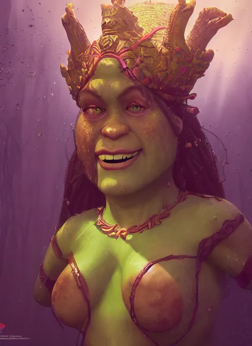 Image similar to underwater portrait of shrek as the naga queen, naturel, hyper detailed, digital art, trending in artstation, cinematic lighting, studio quality, smooth render, unreal engine 5 rendered, octane rendered, art style by klimt and nixeu and ian sprigger and wlop and krenz cushart.