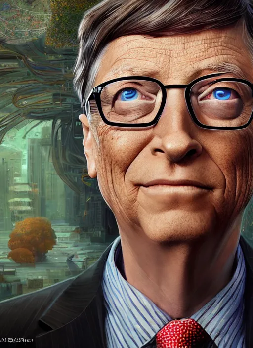 Image similar to bill gates, hyper detailed, digital art, trending in artstation, cinematic lighting, studio quality, smooth render, unreal engine 5 rendered, octane rendered, art style by klimt and nixeu and ian sprigger and wlop and krenz cushart.